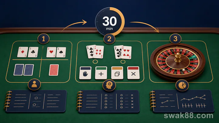 A timed practice sequence for baccarat, blackjack, and roulette