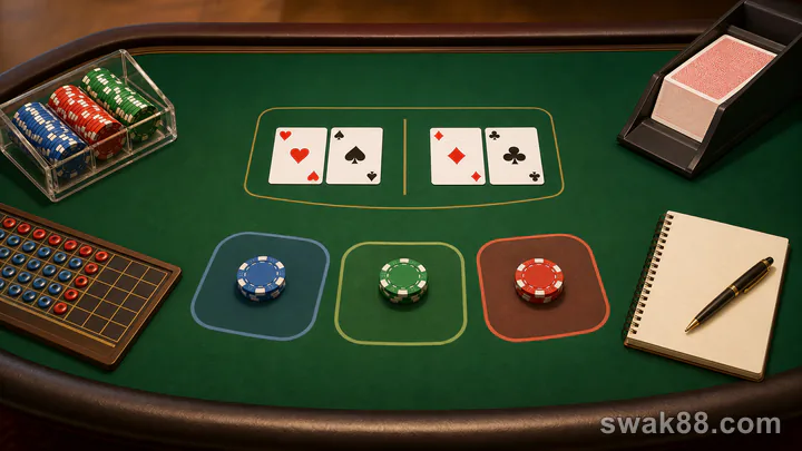 Baccarat table with Player, Banker, Tie zones and a demo notebook