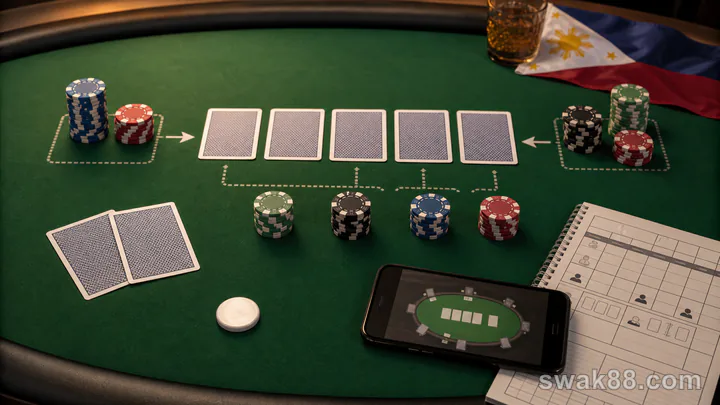 Texas Hold'em betting rounds laid out on a practice table