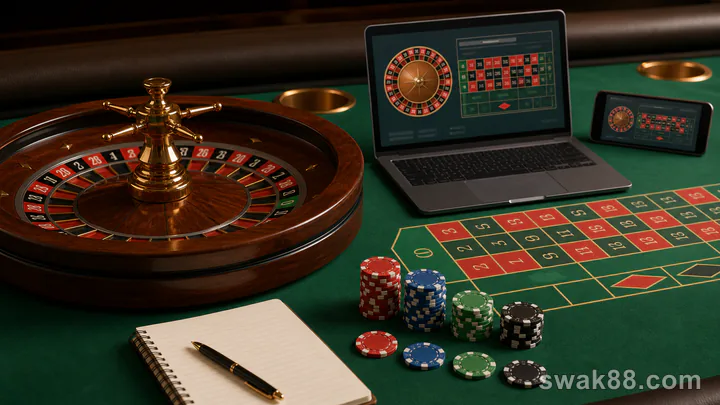 Online roulette wheel, betting layout, chips, and practice notebook